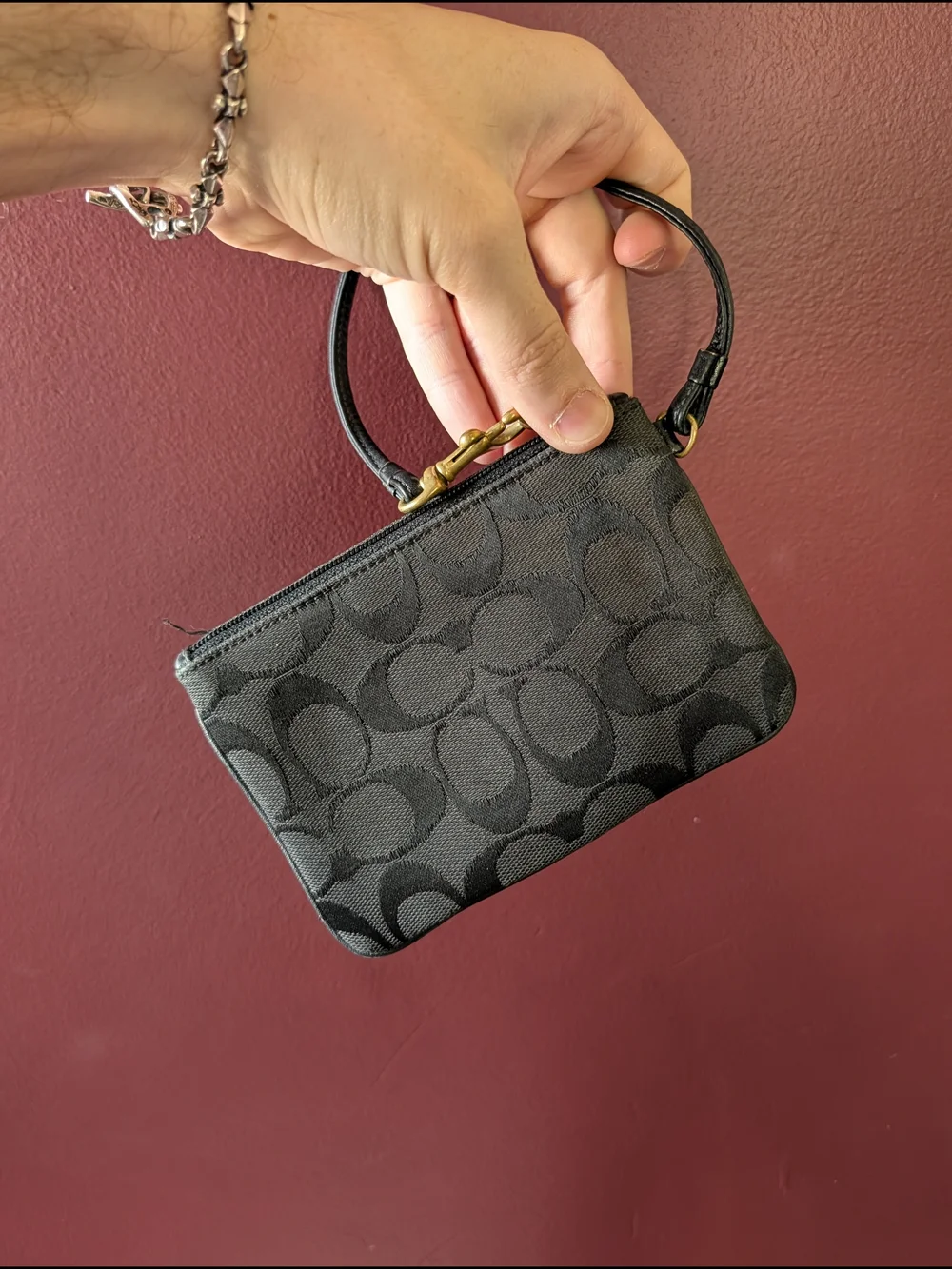 Coach Black Signature Monogram Wristlet Wallet with Gold Hardware w/ COA